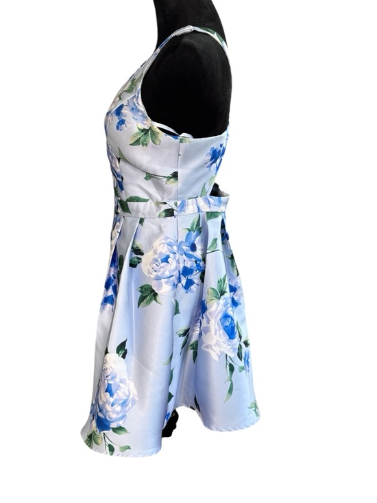 Speechless Blue Floral Satin Fit Flare Dress V Neck Wedding Guest Size 11 - Picture 3 of 10